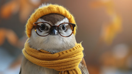 A bird wearing a hat and scarf with glasses on, AIの素材