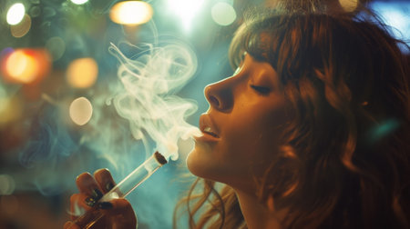 A woman smoking a cigarette with her eyes closed, AIの素材