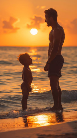 A man and a child standing on the beach at sunset, AIの素材