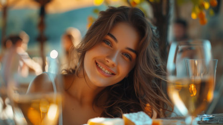 A woman smiling at the camera while sitting in front of a table, AIの素材