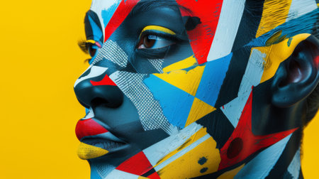 A close up of a womans face painted with geometric shapes, AIの素材