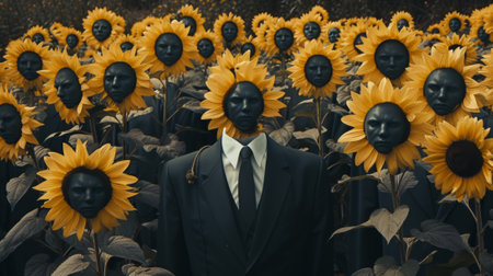 A man in a suit and tie surrounded by sunflowers, AIの素材