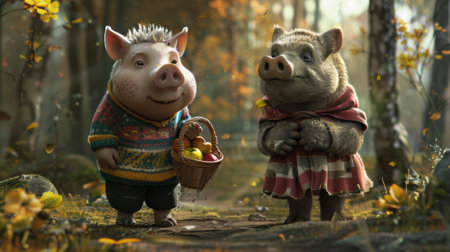 Two pigs are standing next to each other in a forest, AIの素材