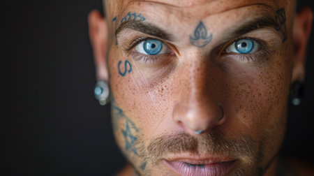 A man with a tattoo on his face and blue eyes, AIの素材