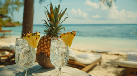 Two glasses of wine on a table with pineapples and water, AIの素材