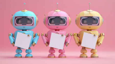 Three robots holding a blank piece of paper in front of them, AIの素材