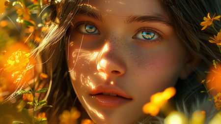 A close up of a woman with blue eyes surrounded by yellow flowers, AIの素材