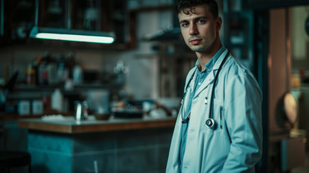 A man in a white coat standing next to an open door, AIの素材