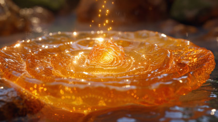 A close up of a flower that is glowing in the water, AIの素材