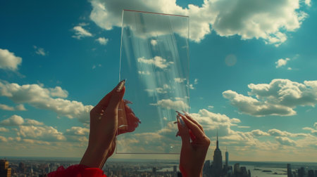 A person holding up a clear glass with the sky in it, AIの素材