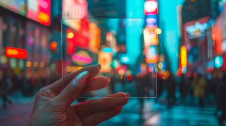 A person holding a square of glass in front of city lights, AIの素材