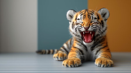 A tiger cub yawning on a table with its mouth open, AIの素材