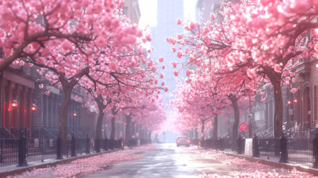 A street lined with pink trees and flowers in bloom, AIの素材