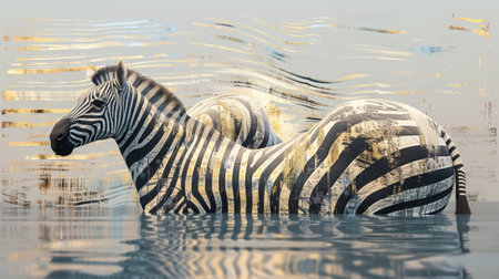 A zebra is swimming in a body of water with other zebras, AIの素材