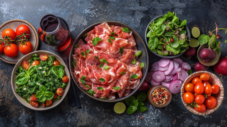 A table with bowls of vegetables and tomatoes on it, AIの素材