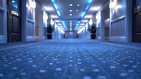 A hallway with blue carpet and lights on the ceiling, AIの素材
