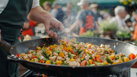 A person is cooking a stir fry in an outdoor wok, AIの素材