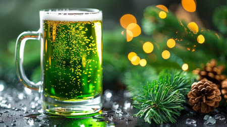 A close up of a glass full of beer next to pine cones, AIの素材