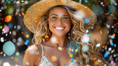 A woman in a hat and sunglasses smiling with confetti falling around her, AIの素材