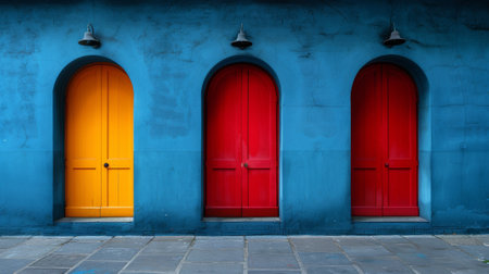 Three red, blue and yellow doors are lined up in front of a building, AIの素材