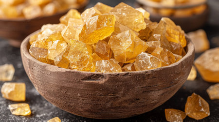 A bowl filled with yellow crystals and a pile of them on the table, AIの素材