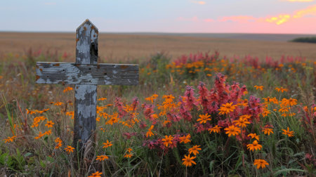 A wooden cross in a field of wildflowers with sunset behind, AIの素材