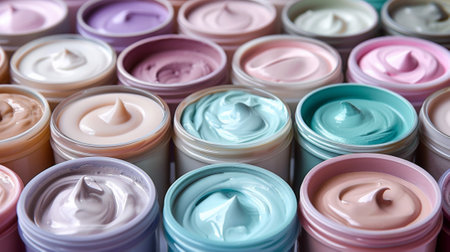 A close up of a bunch of different colored creams and lotions, AIの素材