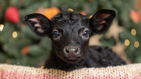 A small black calf is looking at the camera with a christmas tree in background, AIの素材