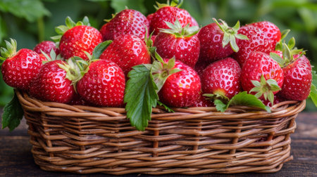 A basket of a bunch of strawberries sitting on top of some leaves, AIの素材