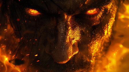 A close up of a mans face with fire coming out from his eyes, AIの素材