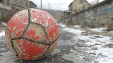 A red and white soccer ball sitting on a street in the snow, AIの素材