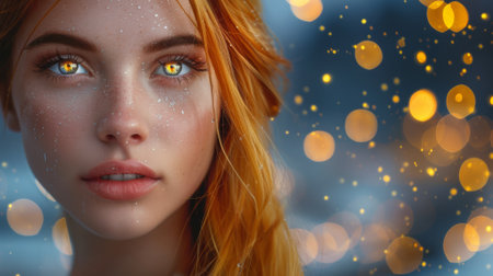 A close up of a woman with red hair and glittering lights, AIの素材
