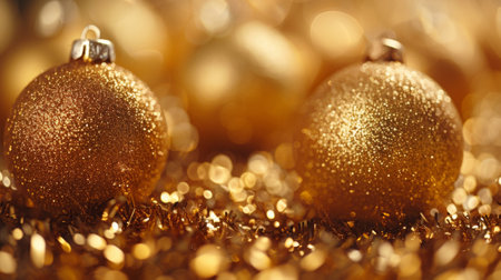 Two shiny gold christmas ornaments on a glittery surface, AIの素材
