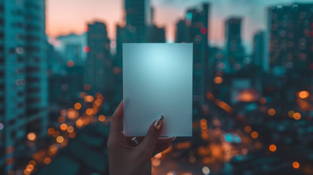 A person holding up a blank white card in front of city lights, AIの素材