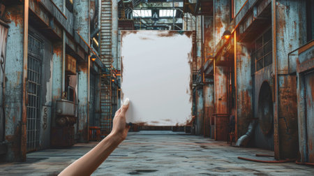 A person holding up a blank piece of paper in an industrial setting, AIの素材