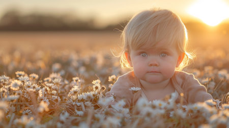 A baby sitting in a field of flowers with sun shining on her, AIの素材