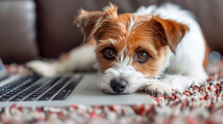 A small dog laying on a rug next to an open laptop, AIの素材