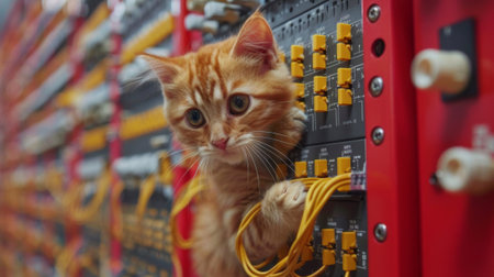 A cat is climbing on a wall of wires and switches, AIの素材