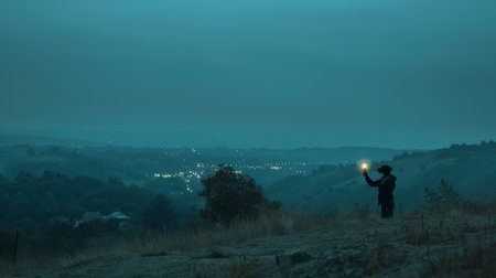 A person standing on a hill holding up their phone, AIの素材