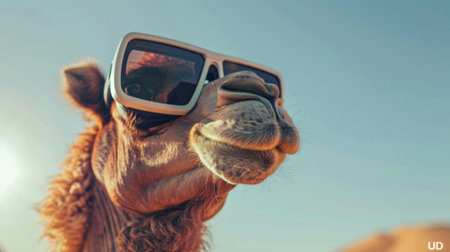 A camel wearing sunglasses with a wide open mouth, AIの素材
