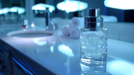 A bottle of perfume sitting on a counter next to some sinks, AIの素材