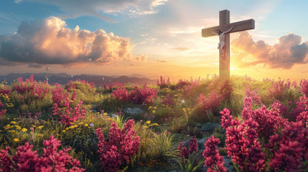 A cross on top of a hill surrounded by flowers, AIの素材