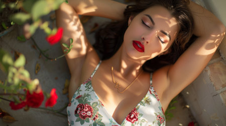 A woman in a floral top with red lipstick laying on the ground, AIの素材