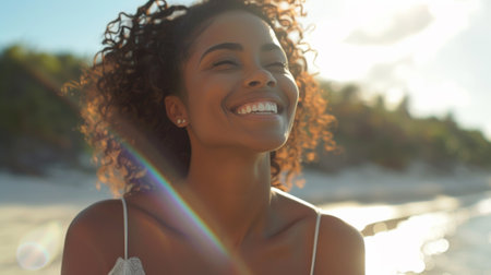 A woman with curly hair smiling at the camera on a beach, AIの素材