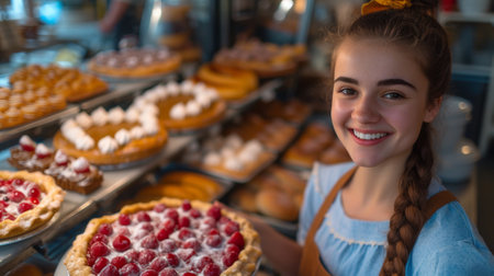 A woman holding a tray of pastries in front of bakery case, AIの素材