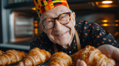 A man wearing a hat and glasses holding some croissants, AIの素材