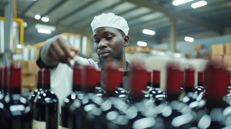 A man in a white hat is working on bottles of wine, AIの素材