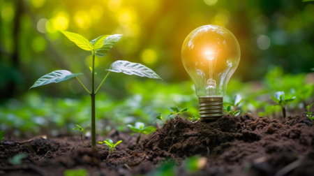 A light bulb is in the ground with a small plant growing out of it, AIの素材