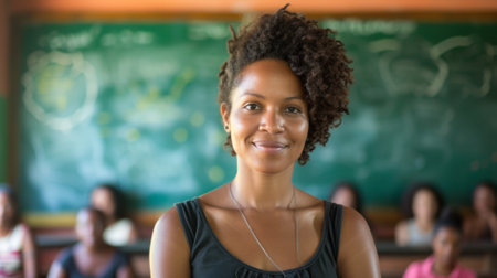 A woman with a black top and curly hair smiling at the camera, AIの素材