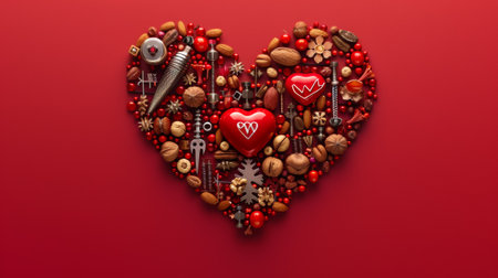 A heart shaped object made of nuts and other items on a red background, AIの素材